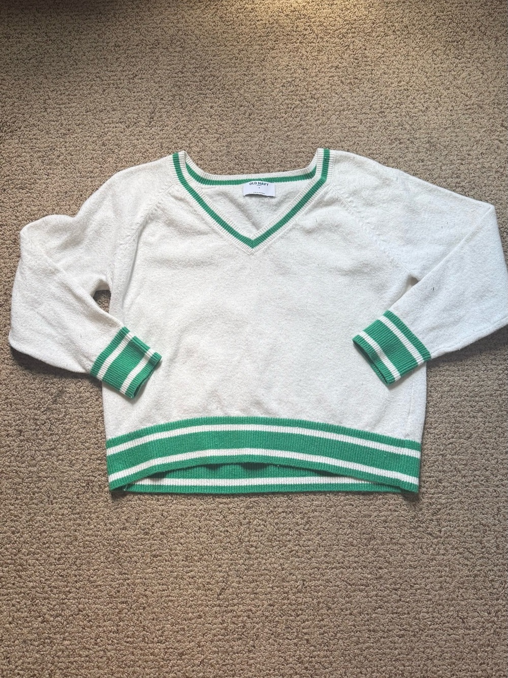 Old Navy White V-Neck Sweater with Green Stripe Trim